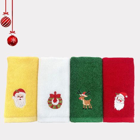 Filiyano-Lot de 4 serviettes de Noël décoratives brodées, idéales pour la cuisine et la salle de bain. Cadeau parfait pour les fêtes. (1/5)
