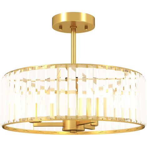 Plafonnier lustre design abat-jour cristal 3 ampoules métal or