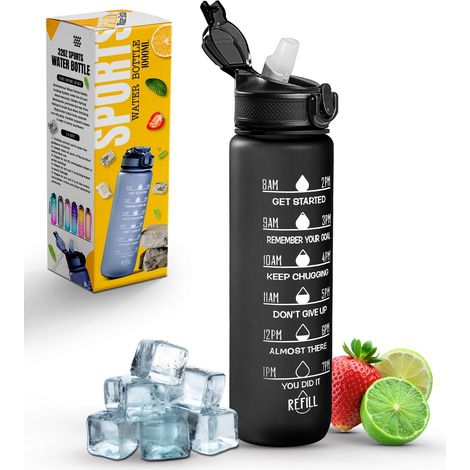 Gourde de sport avec paille, graduation du temps et capacité de 946 ml (32 oz) - Gourde motivante et écologique sans BPA (Style-1, Noir) (1/5)