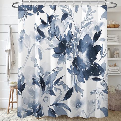 Rideau de douche floral bleu foncé 90x180cm, motifs feuilles et fleurs pour salle de bain, imperméable, décoration élégante. (1/5)