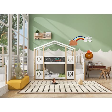 Litera infantil de madera blanco y natural 90x200 cm con escalera de almacenaje, pizarra y somier incluido (1/5)