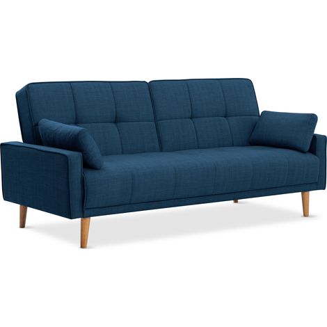 EVERGREENWEB - Divano letto clic clac in tessuto imbottito capitonné BLU - Divano 3 posti con piedi in legno e schienale reclinabile - Materasso una piazza e mezza + 2 cuscini in omaggio | AMELIE (1/4)