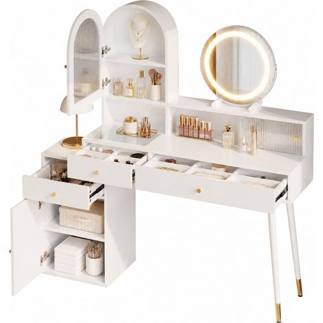 ELVMI Schminktisch mit LED-Spiegel, 3 Schubladen, USB und Type-C, 2 Steckdosen, verstellbar, 140 x 40 x 140 cm (1/5)