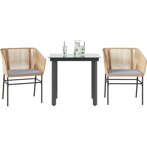 3-tlg. Garten-Essgruppe mit Kissen Braun Poly Rattan Glas