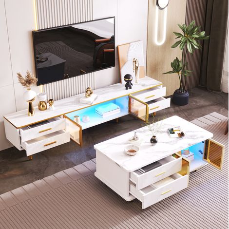 Conjunto mueble TV y mesa baja 170x37x47,5 cm, blanco, LED, almacenaje – MEUBLIV (1/5)