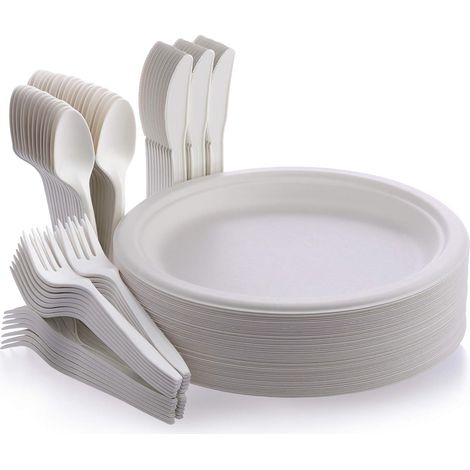 Assiettes Jetables en Bagasse de Canne à Sucre, Couverts Jetables,Fourchettes, Couteaux et Cuillères pour La Fête, Le Camping et Les Pique-Niques (1/5)