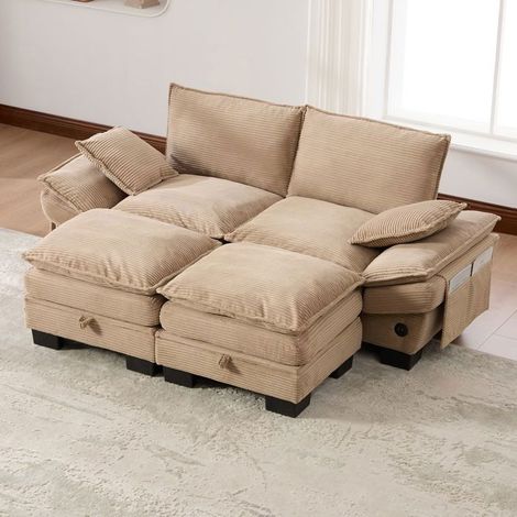 Canapé d'angle - SOGEU - Modulable 190x132x84 cm - Velours côtelé beige - 2 poufs avec coffre - Port USB-C (1/5)