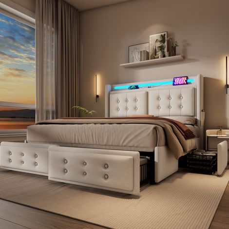 bett doppelbett stauraum 140x200 usb led beige OKMYHOME (1/5)