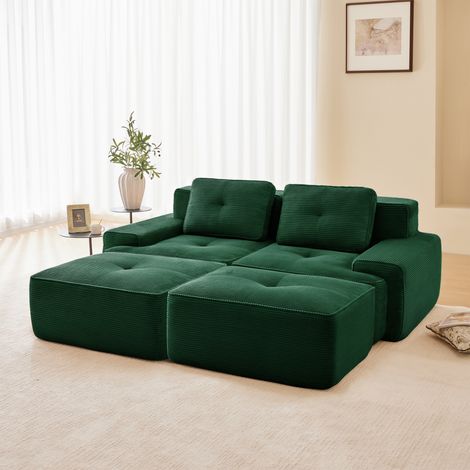 Divano componibile in velluto a coste a 2 posti con 2 pouf, senza struttura, elastico 32D, sedute extra profonde, 204x177x69cm, verde