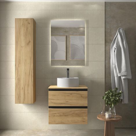 Meuble de salle de bain BEQUIA METAL 60cm Chêne  Avec plan toilette (vasque non incluse) (1/5)