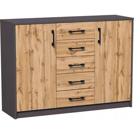 Buffet contemporain graphite 2 portes 5 tiroirs – Dimensions 110 x 35 x 85 cm – Charnières métal et glissières tiroirs en métal (1/3)