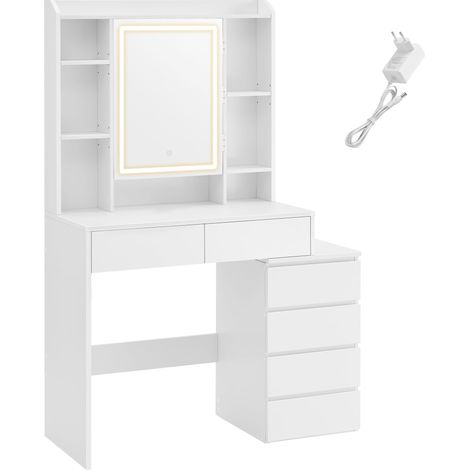 VASAGLE KAILYN Collezione - Toeletta con Luci LED a LuminositàRegolabile, Tavolo da Trucco con Specchio, Scomparti Aperti, Ripiani Regolabili, Postazione Trucco, Moderno, Bianco Nuvola RDT624W01 (1/5)