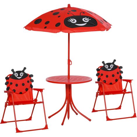 Outsunny 4-teiliges Kindergartenmöbelset, Marienkäfer-Design, runder Tisch + 2 Klappstühle + roter, epoxidbeschichteter Metall-Sonnenschirm (Oxford)