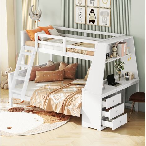 Etagenbett 90/200 + 140/200 cm weiß aus Kiefer und MDF mit Schreibtisch und Stauraum (1/5)