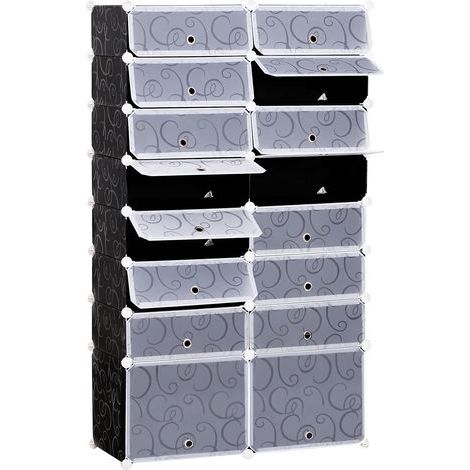 Boîtes à chaussures, lot de 16, rangements empilables, système d'étagères avec porte, noir et blanc (1/5)