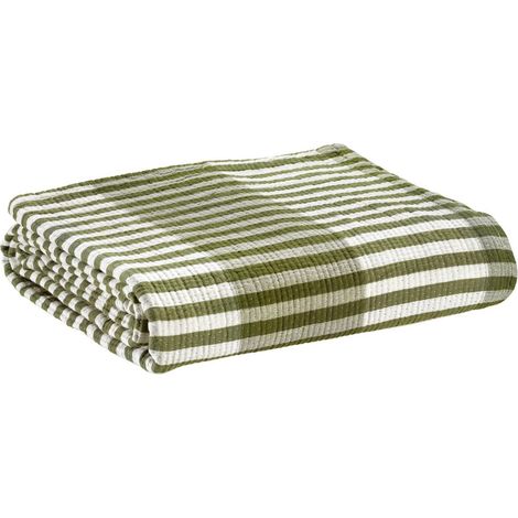 Jeté de lit et couvre-lit en coton jacquard à rayures vert olive 260 x 260 cm - PANGIVO