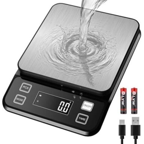 Balance de cuisine étanche IPX67 10 kg, balance numérique 0,1 g avec grande surface de pesée en acier inoxydable, balance alimentaire rechargeable, 10 unités de mesure, écran LCD, tare, fonction compt