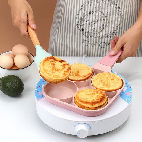 Poêle à œufs 4 trous, antiadhésive, à fond plat, pour crêpes et omelettes, rose. (1/5)