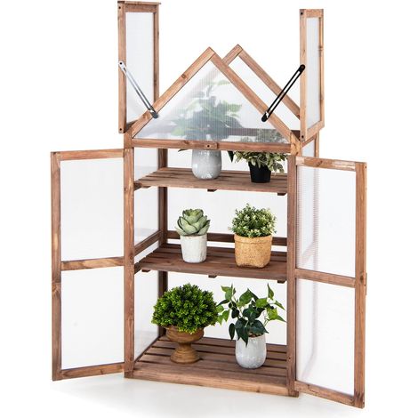 Serra da giardino in legno di abete a 3 ripiani, 2 porte sul tetto apribili con ripiani regolabili, serra per pomodori in policarbonato, marrone (1/5)