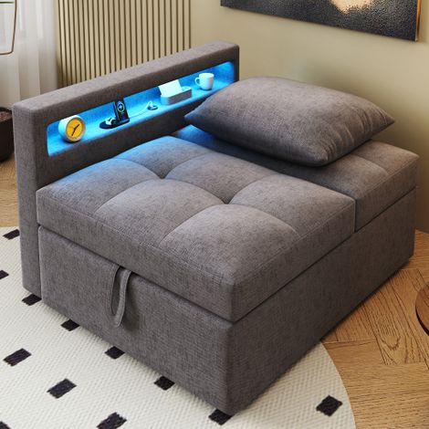 Lit rembourré et canapé-lit : Canapé convertible multifonction 3-en-1 — Canapé en tissu de lin avec dossier réglable, accoudoirs équipés de bandes lumineuses LED et de ports USB/Type-C — Canapé-méridi (1/4)