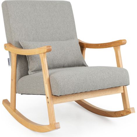 Fauteuil à bascule rembourré avec coussin et cadre en bois d'hévéa - gris (1/5)