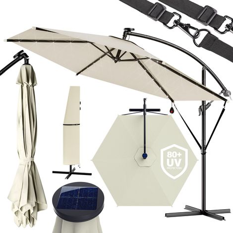KINGSLEEVE® ombrellone decentrato Haiti 3m alluminio con luci LED e manovella protezione UV 80+ inclinabile solare Crema