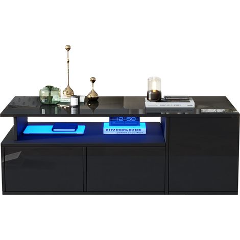 Table basse LED 100 x 50 x 35 cm, table de salon avec 2 tiroirs, capacité de charge totale 60 kg, noire, grand espace de rangement (1/5)