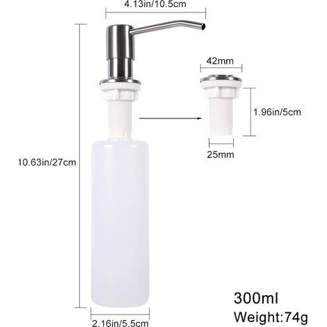 Distributeur Savon Encastrable, 300 ML Lotion de Savon Liquide pour évier, Distributeur de Savon pour évier de Cuisine et kit de Tube, Distributeur Liquide Vaisselle Cuisine (1/4)