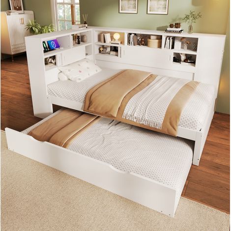 Letto estraibile 90/200 cm bianco con letto inferiore, vani contenitori e USB (1/5)
