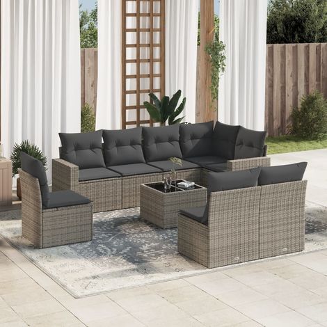 vidaXL 9-tlg. Garten-Sofagarnitur mit Kissen Grau Poly Rattan (1/3)