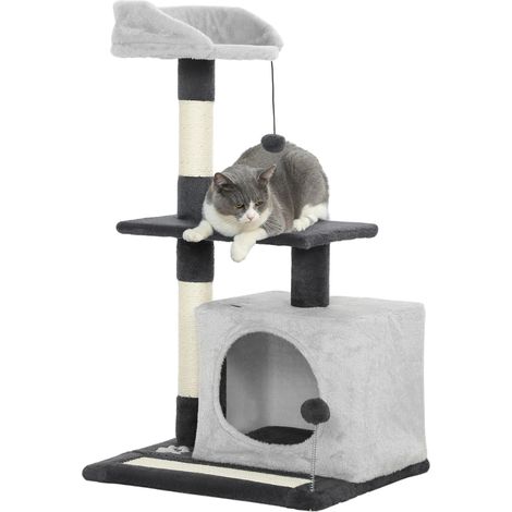 Arbre à chat à griffer 85 cm avec plateformes, grougete, poteaux à griffer, tapis en sisal, balles, gris clair et noir