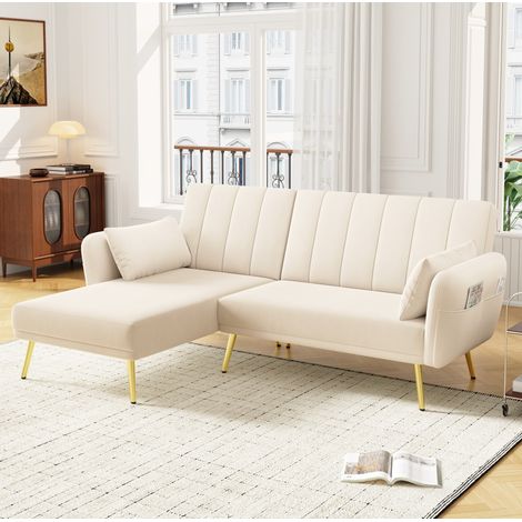 Canapé d’angle convertible en velours beige 191,5x130,5x80 cm, méridienne réversible, dossier réglable (1/5)