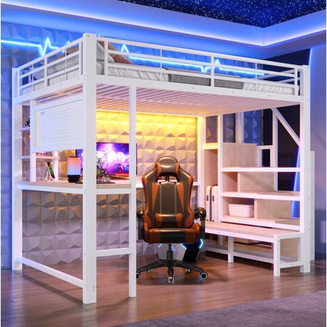Hochbett 140 x 200 cm avec bureau, LED, USB/USB-C, étagères, métal blanc (1/5)