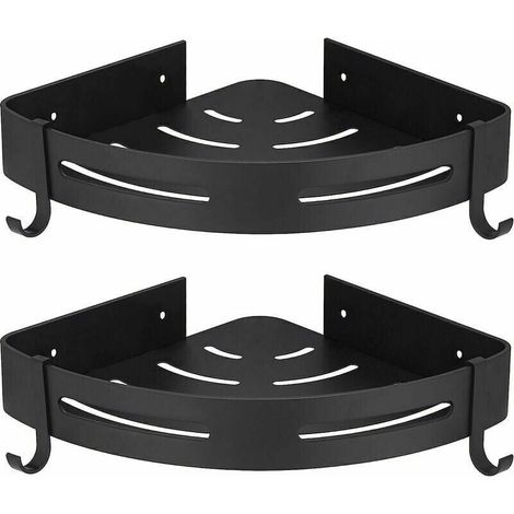 Eck-Duschregal, schwarz, ohne Bohren, Badezimmer-Aufbewahrung, Dusche, Badezimmerzubehör, Badezimmer-Seifenhalter, Unterstützung der Dusche, kein Rost, rostfreies Aluminium, 2er-Set mit Haken FLITI (1/4)
