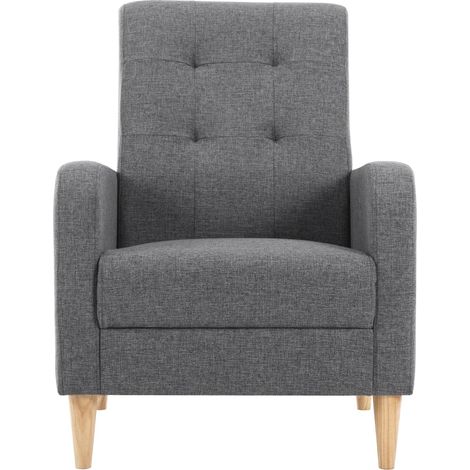 Sillón individual tapizado gris oscuro en lino con reposabrazos y patas de madera (1/5)