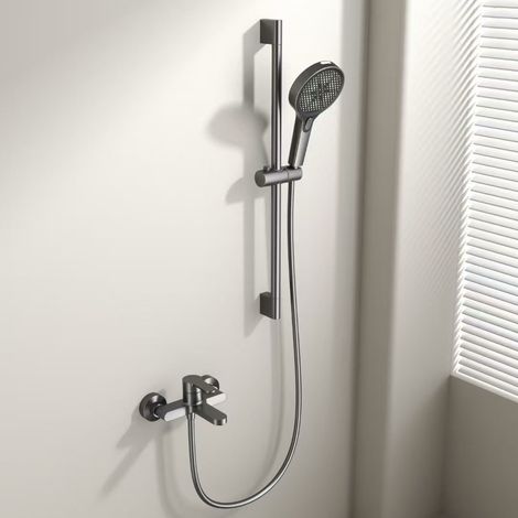 Duscharmatur mit 3-in-1-Doppelöffnungs-Mischventil aus Vollkupfer – Upgrade-Set in Gunmetal-Grau
