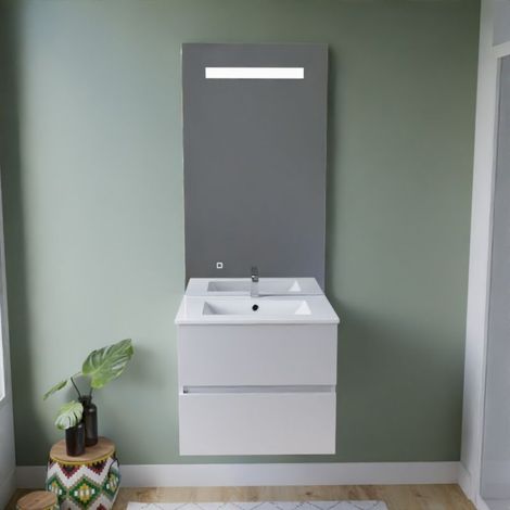 Meuble vasque ROSALY INOX 60 cm + miroir Elégance ht105- Blanc- Plan vasque en Céramique