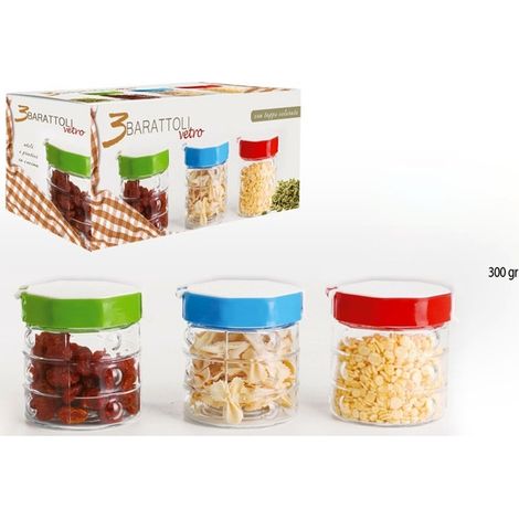 TrAdE Shop Traesio - Tris Di Barattoli Vetro Con Coperchio Colorato Quadri Sale Zucchero Caffe' Dolci -