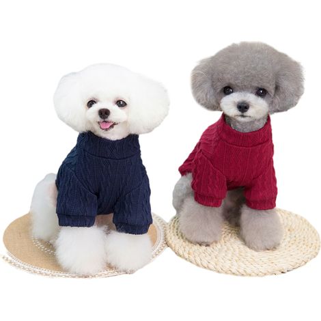 Ensemble pull-over pour chien (2 pièces), tricot torsadé pour temps froid, col roulé classique, vêtements chauds et épais (rouge bordeaux + bleu marine) (1/5)