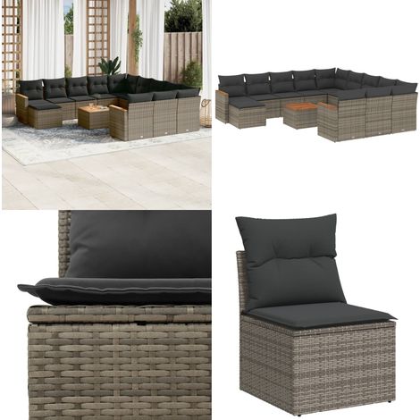 Salon de jardin avec coussins 13 pcs gris résine tressée - Ensemble Salon De Jardin - Mobilier De Jardin - Canapé Extérieur - Chaise Extérieure - Table Basse Jardin - Home & Living (1/5)
