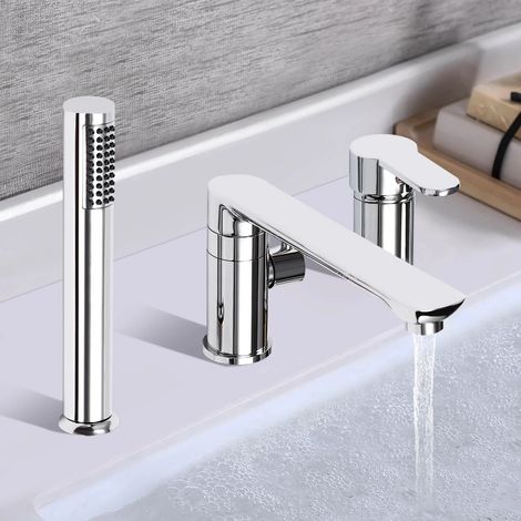 Grifo de bañera de 3 piezas, estilo romano cromado pulido con ducha de mano (plateado)