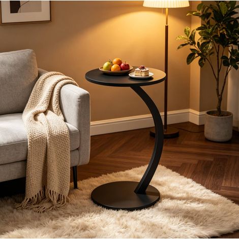Mesa auxiliar redonda en C, mesa baja con ruedas, MDF E1 y metal, negra, Ø 40 x H 65 cm (1/5)