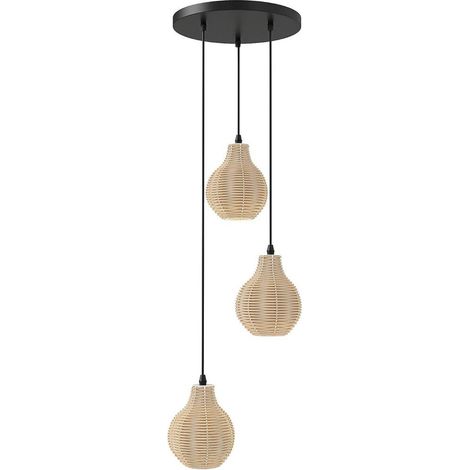 Suspension 3 Lampes en Rotin, Lustre Osier Tressé Main pour Éclairage Intérieur, Hauteur Réglable E27 Beige (1/2)