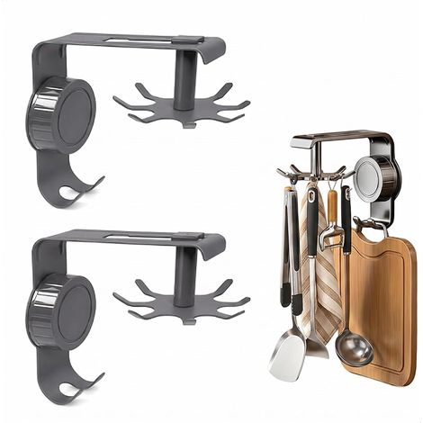Porte Ustensiles Cuisine Mural Ventouse 360° Rotatif 2 Pièces, Support Ustensiles Cuisine Sans Perçage avec 10 Crochets et Rail Coulissant, pour Cuisines, Salle de Bain et Balcon, Gris (1/5)