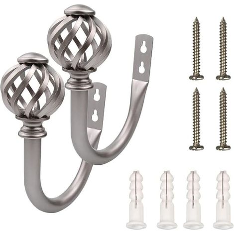 Lot de 2 Attaches pour Rideaux - Crochets - Attaches - Embrasses - Supports pour Rideaux de draperie, métal Mural argenté (1/5)