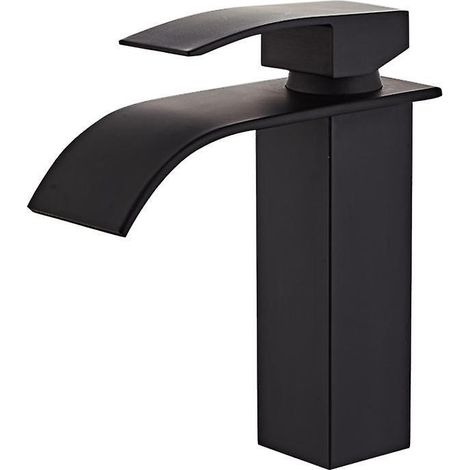 robinet De Lavabo De Salle De Bain Bec Cascade, Robinet D'vier Monotrou Levier Unique, Laiton, Noir Mat (1/5)