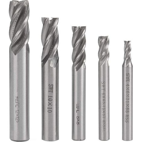 Satz mit 5 geraden Schaftfräsern aus HSS für CNC-Drehmaschinen. 4, 6, 8, 10 und 12 mm. 4 Schneiden. Spiralfräser. Bohrer 4/6/8/10/12 mm.