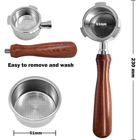 Espresso Bottomless Porte-filtre 51mm Compatible avec DeLonghi Dedica EC680/EC685/EC785/EC820/EC850/EC860 Machine à Café Smeg, Acier Inoxydable, Palissandre Premium (1/4)