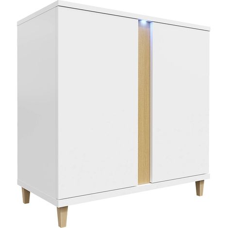 Buffet Florem II, Blanc + Blanc brillant + Clair bois, 88x92cm, Le nombre de portes: 240cm, Stratifié, LED: Disponible