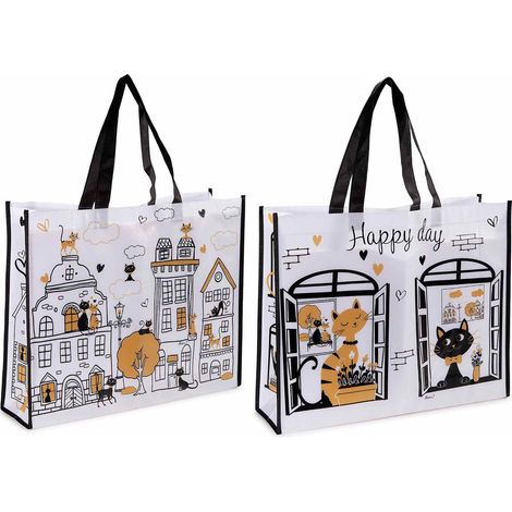 Borse spesa / shopping bag riutilizzabile in poliestere rigido con stampa gatti, set da 10 pezzi, cm 45x12x36 H (con manici 56)